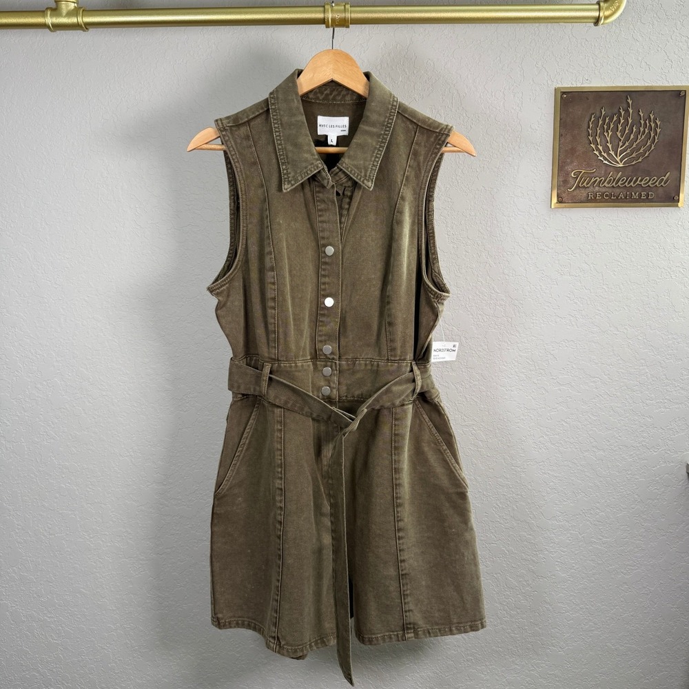 Avec Les Filles Denim Romper Olive Green Sleeveless Belted Utility Snap‎ Front L - Picture 4 of 10